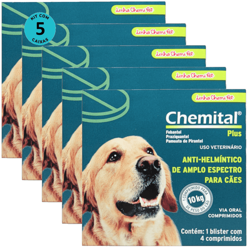 Chemital Plus Com 4 Comprimidos Chemitec Vermífugo Para Cães Kit Com 5 Cx